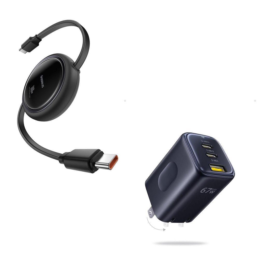 Baseus PICOGO 67W USB C Charger, Smallest 3 Port Fast Charging Block with Foldable Plug and Baseus USBC to USBC Cable, 100W Retractable USB C 5A Fast Charging Cable