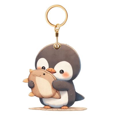 GPS Case Leather Keychain With Air Tag Holder Compatible Access Cards Personalized Decorative Pendants (Penguin 02)