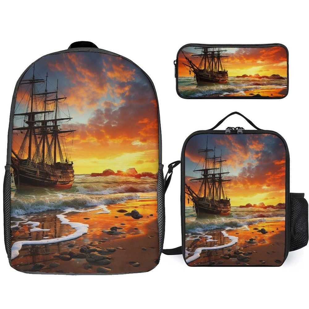 BWQJKUO 3Pcs Pirate Ship in The Sunset Printed Backpack for Lightweight High-capacity Backpack With Lunch Bag Pencil Bags
