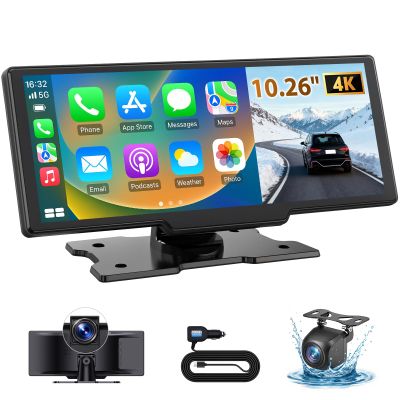 10.26" Wireless CarPlay Screen for Car: 4K Dash Cam & 1080P Backup Camera, Portable Touchscreen Car Stereo for Apple Carplay & Android Auto, GPS Navigation, Mirror Link, BT, FM, Voice Control