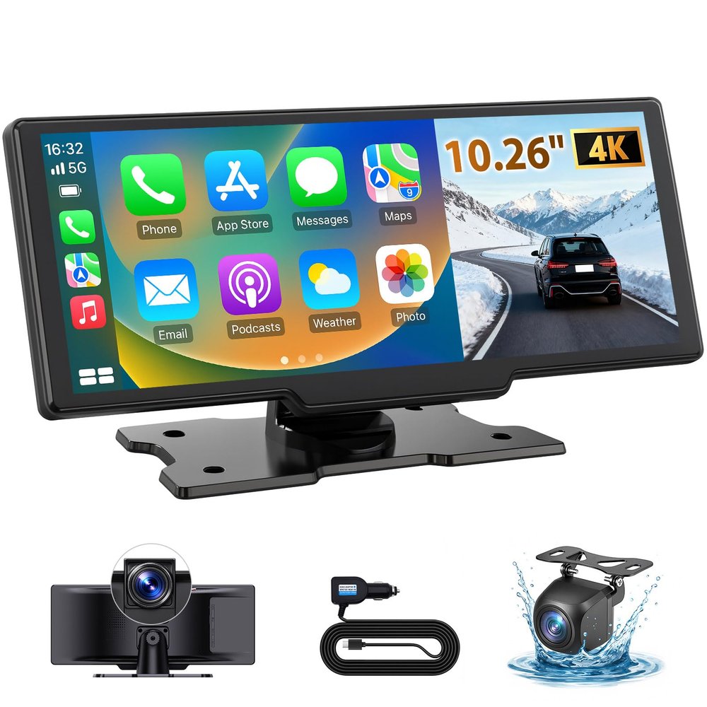 10.26" Wireless CarPlay Screen for Car: 4K Dash Cam & 1080P Backup Camera, Portable Touchscreen Car Stereo for Apple Carplay & Android Auto, GPS Navigation, Mirror Link, BT, FM, Voice Control