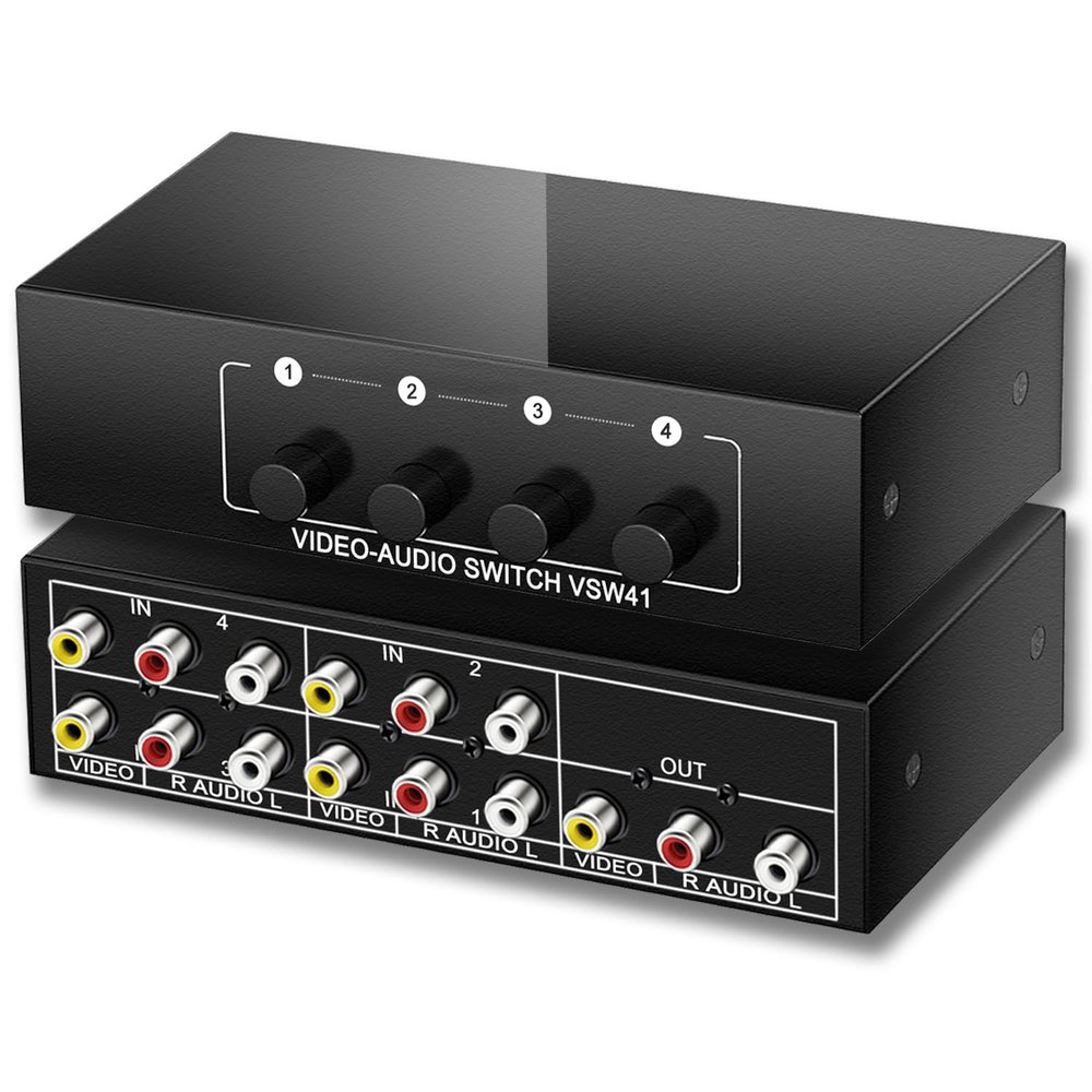 FlyroadUp RCA AV Switch 4 in 1 Out Composite Video Switcher L/R Audio Selector Box