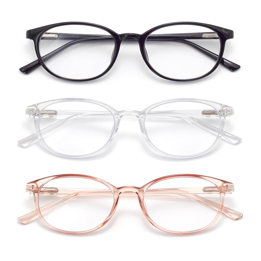 FoxMook 3-Pack Blue Light Blocking Glasses Round Women Men Computer Glasses Anti Eye Strain/UV/Glare Gaming Glasses, Black Pink Clear