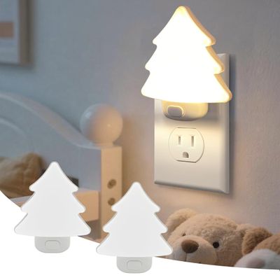 LED Night Light Christmas Tree Lights Plug Into Wall [2 Pack] with Manual On-Off, Dimmable Nightlights Warm/White Wall Art for Home Decor Bathroom Hallway Bedroom Kids Room Apartment, White