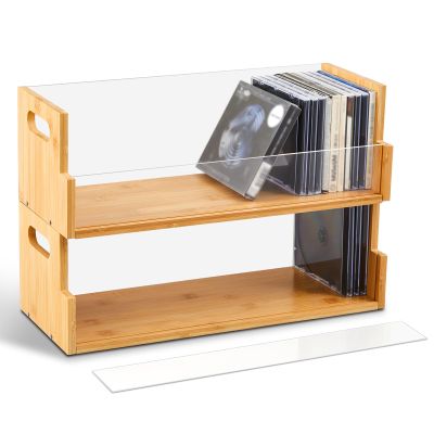 CroBlissful 2 Set Wooden Cd Storage Box Display Holder Shelf Bamboo&acrylic Visible Racks with Carrying Handles, Cassette Tape Organizer Shelf for Movie Case, Store up to 60 Pcs Cds