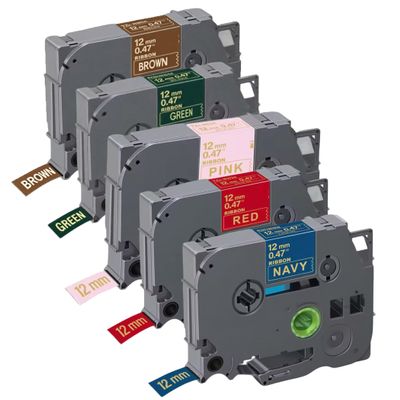 5 Pack 12mm Satin Ribbon RG34 RN34 RC34 RN31 R334 Compatible with Brother TZe Replacement Laminated with PT-D220/D210/H110/D200/D400/1280/D610BT & 100+ P-Touch Models (1,Black on Pink) (Set A)