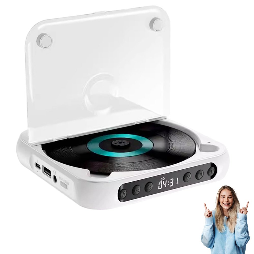 Portable Bluetooth-Compatible CD Player, 2025 New CD Player with Hi-Fi Sound, Wireless & Wired Playback, Rechargeable Small CD Players for Travel, Home, Car (White)