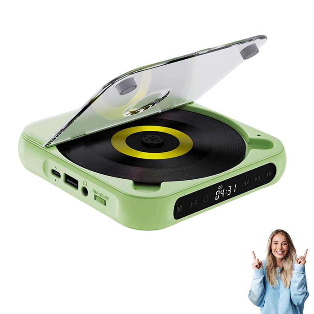 Portable Bluetooth-Compatible CD Player, 2025 New CD Player with Hi-Fi Sound, Wireless & Wired Playback, Rechargeable Small CD Players for Travel, Home, Car (Green)