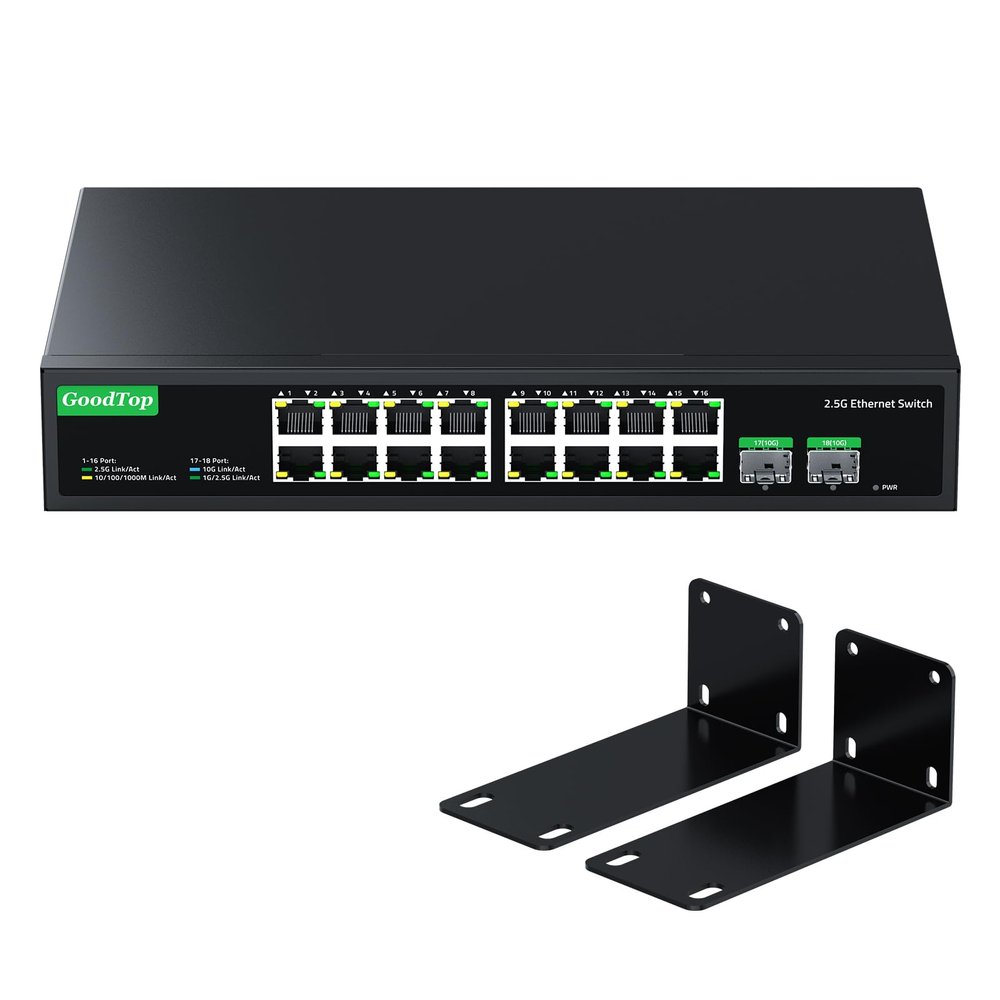 GoodTop 18-Port 2.5GB Switch Unmanaged, Ethernet Switch 2.5 Gigabit, 16 x 2.5G Base-T Ports, 2 x 10G SFP+, Multi-Gigabit 10/100/1000/2500Mbps, Network Switch for Home Office, Plug&Play