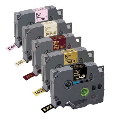5 Pack 12mm Satin Ribbon RG34 RN34 RC34 RN31 R334 Compatible with Brother TZe Replacement Laminated with PT-D220/D210/H110/D200/D400/1280/D610BT & 100+ P-Touch Models (1,Black on Pink) (Set B)