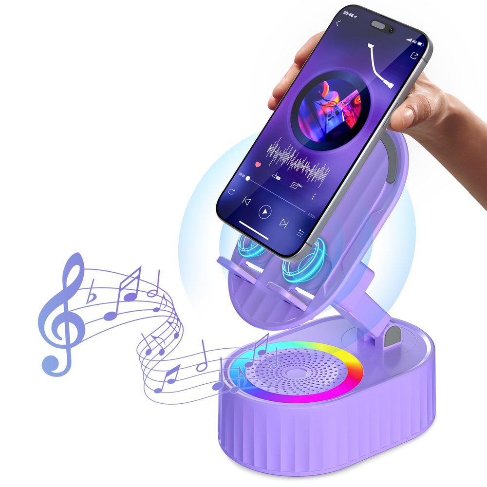 AKLLCCR Wireless Induction Audio Bluetooth Speaker 5in1 Phone Holder Emergency Rechargeable (3000mAh) with Colorful Ambient Light 300 Foldable for Tablet iPhone Android, Gifts for Men Women