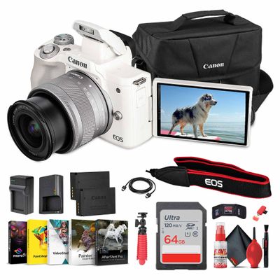 Canon EOS M50 Mirrorless Camera Kit 2681C011 (White) w/EF-M 15-45mm Lens| 24.1 MP APS-C Sensor, 4K Video, Dual Pixel AF + Eye Detection + 64GB Card + Photo Software + More