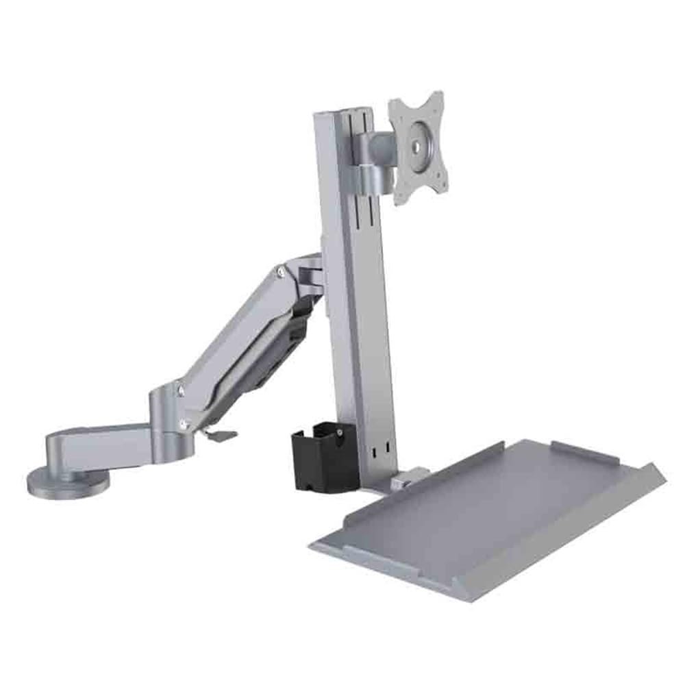 Adjustable Screen Arm Silver Dual Arm Table Style Monitor Stand with A Standard Tray That Can Rotate Easy Install