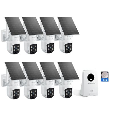 KCSNYO Solar Security Cameras Wireless Outdoor, 4MP Solar Powered, 8 Cam kit, Color Night Vision, 360 PTZ, 1TB HDD Local Recording, No Monthly Fees
