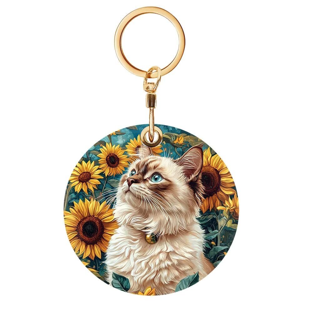 Ragdoll Cat Sunflower Keychain Case Holder Compatible with AirTag, Pet Anti-lost Trackers Protective Cover with Key Ring, Key Chain Tracker Stand Finder Accessory Bag Charm