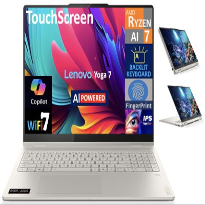 Lenovo Yoga AI Powered 2-in-1 Laptop 16.0" Touchscreen IPS WUXGA Display (AMD Ryzen AI 7 350, 16GB LPDDR5X, 2TB M.2 PCIe SSD, Backlit KB, Fingerprint, WiFi 7, Webcam, Bluetooth 5.4, Win 11 Pro)