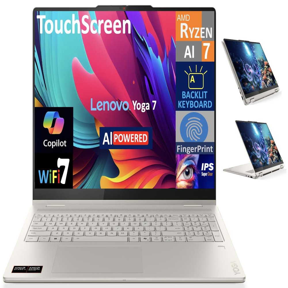 Lenovo Yoga AI Powered 2-in-1 Laptop 16.0" Touchscreen IPS WUXGA Display (AMD Ryzen AI 7 350, 16GB LPDDR5X, 2TB M.2 PCIe SSD, Backlit KB, Fingerprint, WiFi 7, Webcam, Bluetooth 5.4, Win 11 Pro)