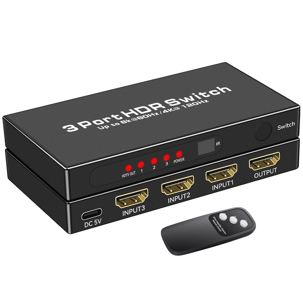 HDMI 2.1 Switch, 8K@60Hz HDMI Switcher Splitter 3 in 1 Out, 4K@120Hz Support HDCP 2.3, VRR & ALLM, Dolby Vision & Atmos, High-Speed 48Gbps for PS5, B-0-X, TV, DVD Player