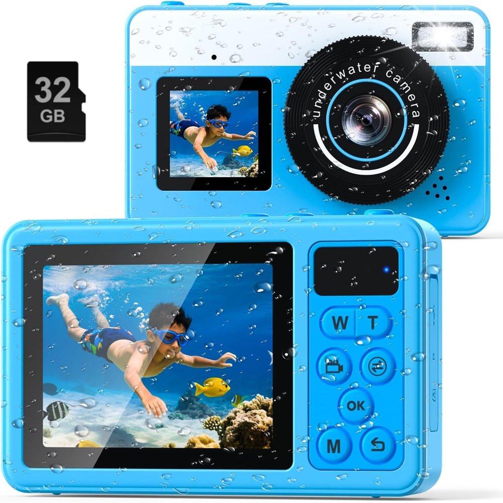 4K Waterproof Camera,Underwater Digital Camera,10FT Floating Camera for Snorkeling,Surfing,Swimming and Kayaking,Dual-Screen Selfie,Autofocus,18X Zoom,Fill Light,32GB Card,Type-C Rechargeable,Blue