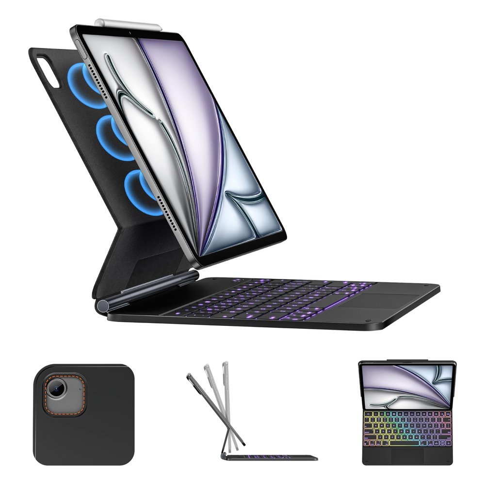 A2C Magic Keyboard Case for iPad Air 13 (M3 2025/M2 2024) & iPad Pro 12.9 (6th/5th/4th Gen), 11-Color Backlit Keyboard with Precision Glass Multi-Touch Trackpad, 135 Floating Cantilever Stand - Black