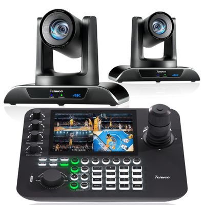 Tenveo 4K NDI PTZ Camera AI Humanoid & Face Auto-Tracking HDMI/USB3.0/LAN(PoE) 20X Optical Zoom(*2) and 7 LCD Quad-Screen NDI PTZ Joystick Controller Bundle/Kit for Church Services Live Production