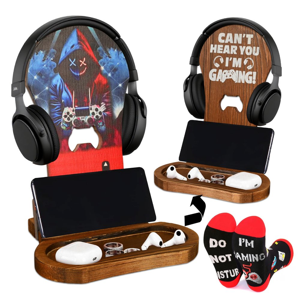 PAVQWEJ-Gamer Gifts for Men Boys Graduation, Gaming Room Decor Gift for Men Son Dad Husband Friends Gamer, Game Room Accessories Stuff - 2026 Graduation Gifts Wooden Headset Stand