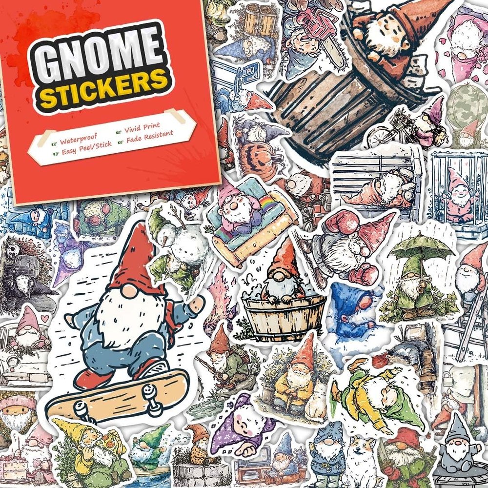 100 PCS Gnome Stickers Pack  Waterproof Vinyl Decals for Water Bottles, Laptops, Phones, Notebook, Cars  Cool Vibrant Graphics for Gnome Enthusiast