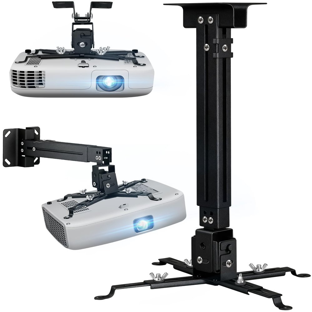 2-Be-Best Projector Ceiling Mount Wide Pipe Universal 3-in-1 Projector Wall Mount Bracket with Adjustable Arm, Flush Mount Option, Built-in Cable Management for Office Home Black