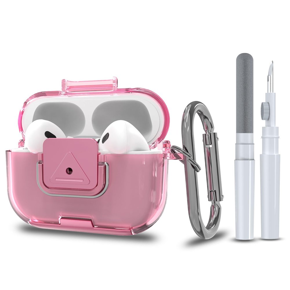 Wacanc for AirPods Pro 2nd/1st Generation Protective Case with Secure Lock Clip,Shockproof Full Protection Phone Stand Design TPU Case with Carabiner&Clean Kit (Clear Pink)