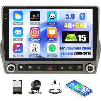 4+64G Android 15 Car Stereo for Chevrolet Chevy Camaro 2008-2015 with Wireless Carplay Android Auto, 9" 1280 * 720 Incell Touchscreen Radio with Bluetooth 5.0/32 EQ/GPS/WiFi/FM/RDS/SWC/Backup Cam