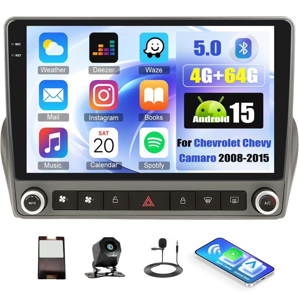 4+64G Android 15 Car Stereo for Chevrolet Chevy Camaro 2008-2015 with Wireless Carplay Android Auto, 9" 1280 * 720 Incell Touchscreen Radio with Bluetooth 5.0/32 EQ/GPS/WiFi/FM/RDS/SWC/Backup Cam