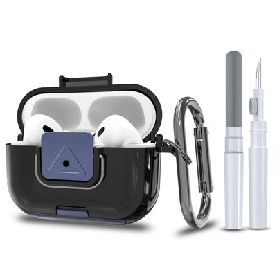 Wacanc for AirPods Pro 2nd/1st Generation Protective Case with Secure Lock Clip,Shockproof Full Protection Phone Stand Design TPU Case with Carabiner&Clean Kit (Black)