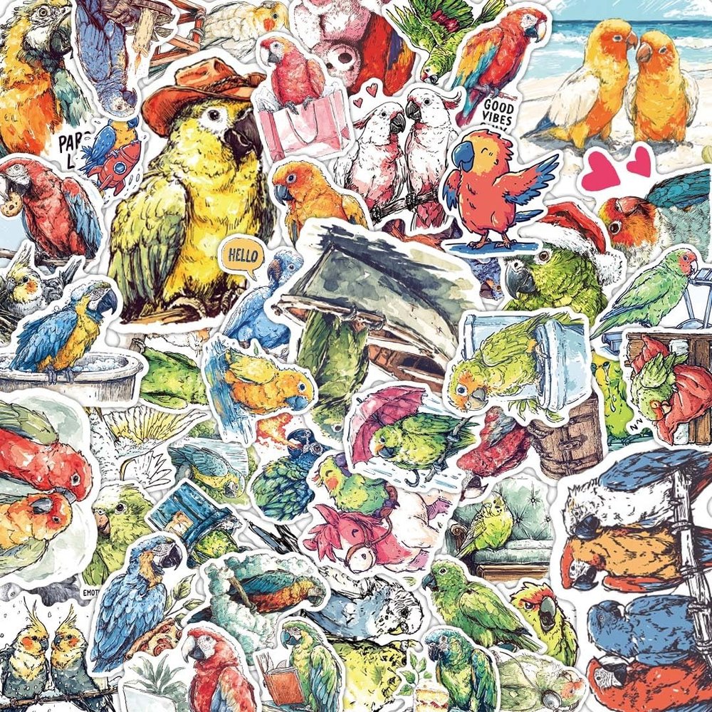 100 PCS Parrot Stickers Pack  Waterproof Vinyl Decals for Water Bottles, Laptops, Phones, Notebook, Cars  Cool Vibrant Graphics for Parrot Enthusiast