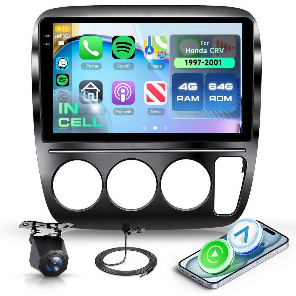 4+64G Android 15 Car Stereo Radio for Honda CRV 1997-2001 with Wireless Carplay Android Auto, 9'' in-Cell Screen Head Unit with GPS/Bluetooth 5.0/FM RDS/EQ/Wi-Fi Mirror Link Backup Camera SWC