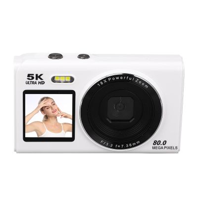 VBESTLIFE Dual Screen 5K Digital Camera, 80MP, 18X Zoom, WiFi, Built in Flash, Auto Focus Travel Video Camera for, with 64GB Memory (White)