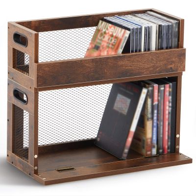 Jetec 2 Set Metal & Wooden Stackable Tabletop Storage Shelf, DVD and CD Storage Box Display Holder Rack with Carrying Handle for Bookshelf Movie Cases Cassette Tape, Can Store up to 36 CDs and 26 DVDs