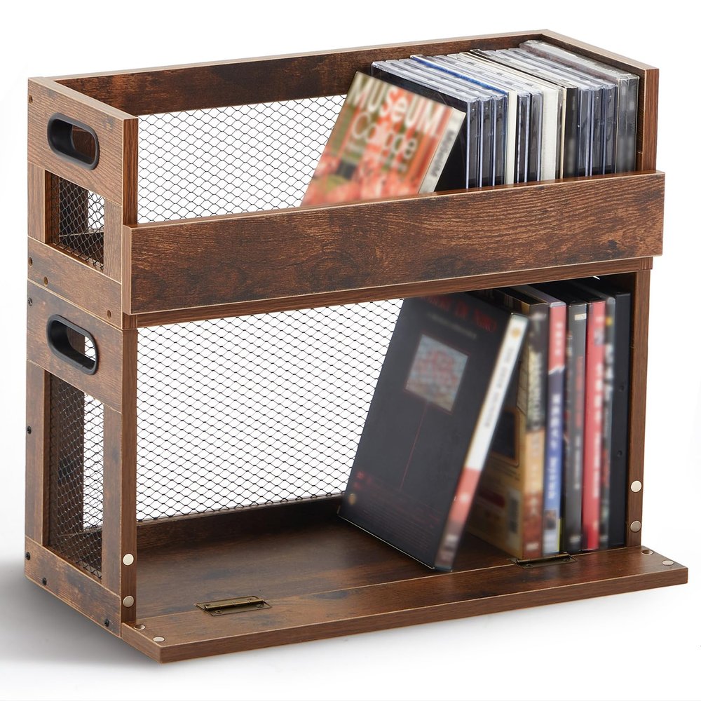 Jetec 2 Set Metal & Wooden Stackable Tabletop Storage Shelf, DVD and CD Storage Box Display Holder Rack with Carrying Handle for Bookshelf Movie Cases Cassette Tape, Can Store up to 36 CDs and 26 DVDs