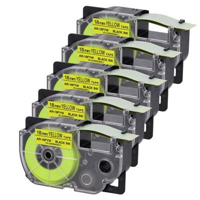 5PK Black On Fluro Yellow 18mm Fluorescent Tape Compatible with Label Printer Models KL-60 KL-60SR KL-C500 KL-P350W AR-18FYW