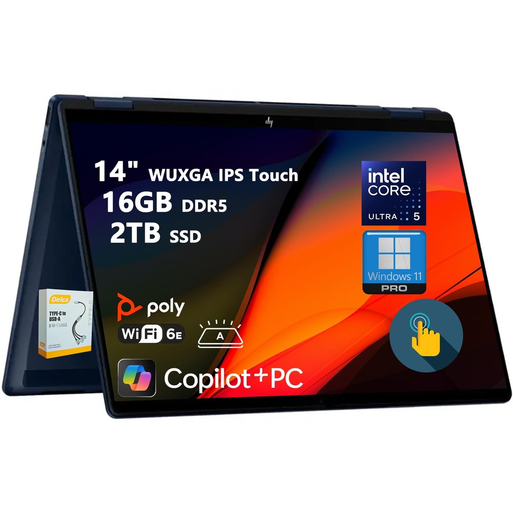 HP OmniBook X Flip 2-in-1 Laptop | 14" WUXGA IPS Touch | Intel Core Ultra 5 226V | 16GB DDR5 2TB SSD | Copilot+ AI PC for Creator Designer Business Professional Win11 Pro w/DLCA Accessory