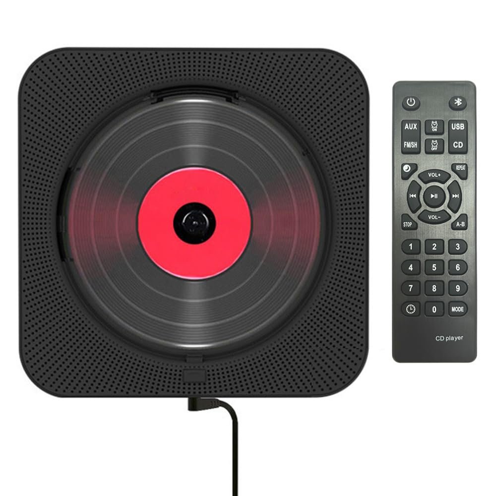 ElekVerse Bidirectional Bluetooth Wall Mountable CD Player Built-in Speakers, Portable Music Player with Dust Cover Remote Control, Support FM Radio USB Flash Micro SD AUX Play (Black)