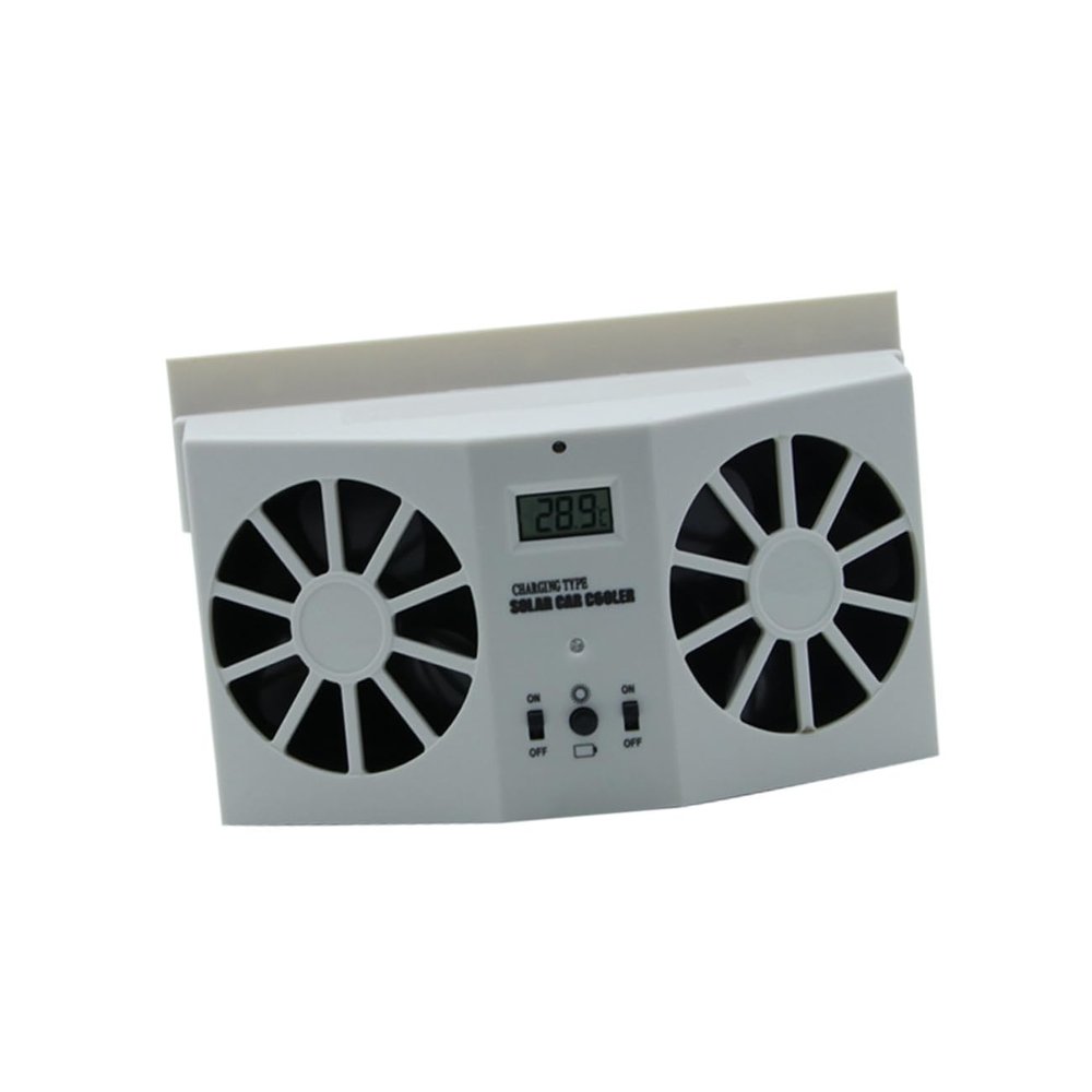 Mikikit Solar Dual Ventilation Fan for Car Front and Rear Windows Rechargeable Auto System with LCD Temperature Display Compact White Cooling for Trucks Suvs Boats