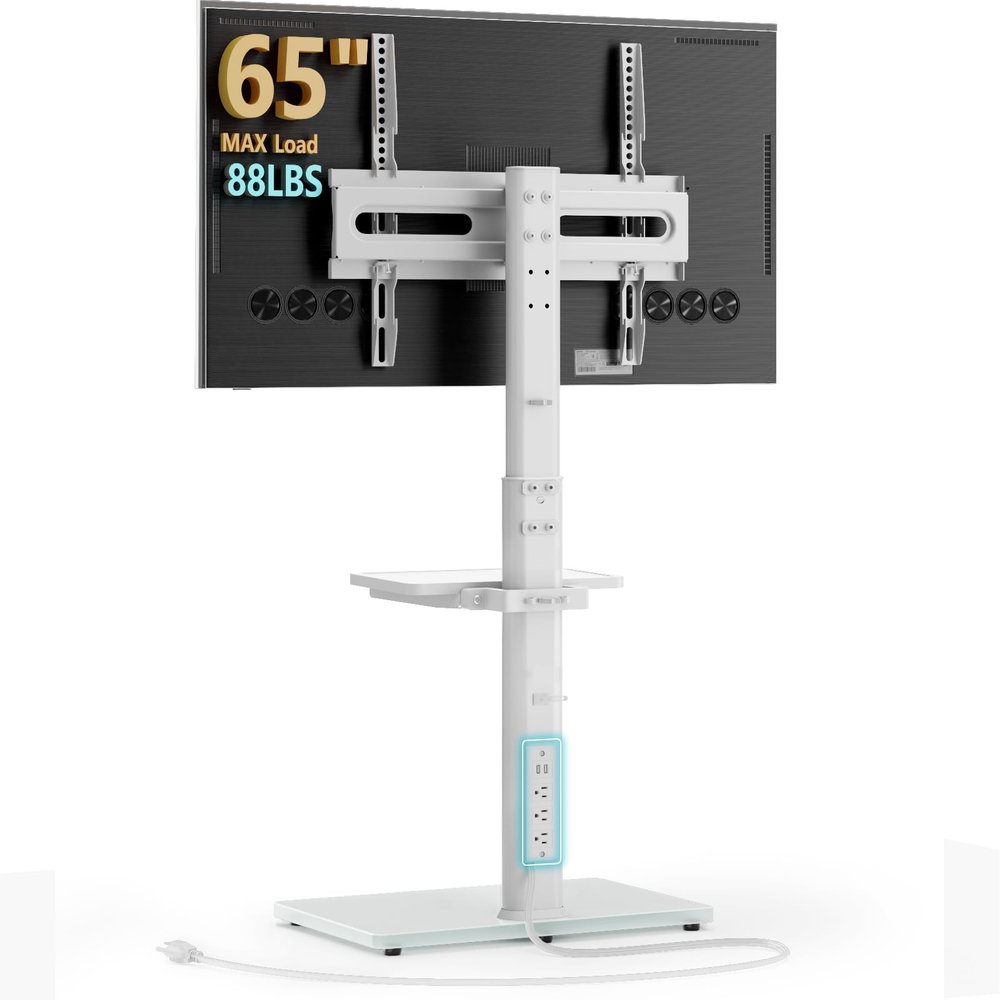 AX WABER Floor TV Stand with Power Outlet& Shelf, Universal TV Stand Mount for 27-65 inch TV up to 88lbs, 70 Degree Swivel 9 Level Height Adjustable with Tempered Glass Base for Bedroom, Office White