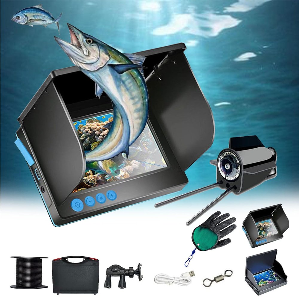 Underwater Fishing Camera, Fishing Camera with Infrared Night Vision Light, Fish Finder with160ft Cable,5 Inch LCD and HD Lens Fish Line Cam,8-12 Hours of Use (5in with transducer, 100ft Cable)