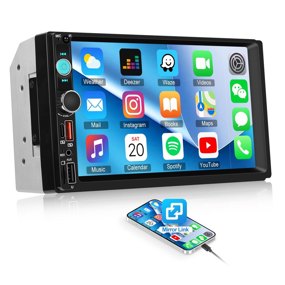 CAMECHO 7 Inch Double Din Car Stereo Touch Screen Bluetooth Car Radio Support Mirror Link FM Radio USB/Type-C/AUX/SD Input Car Audio Receivers Multimedia MP5 Player 2 Din Head Unit