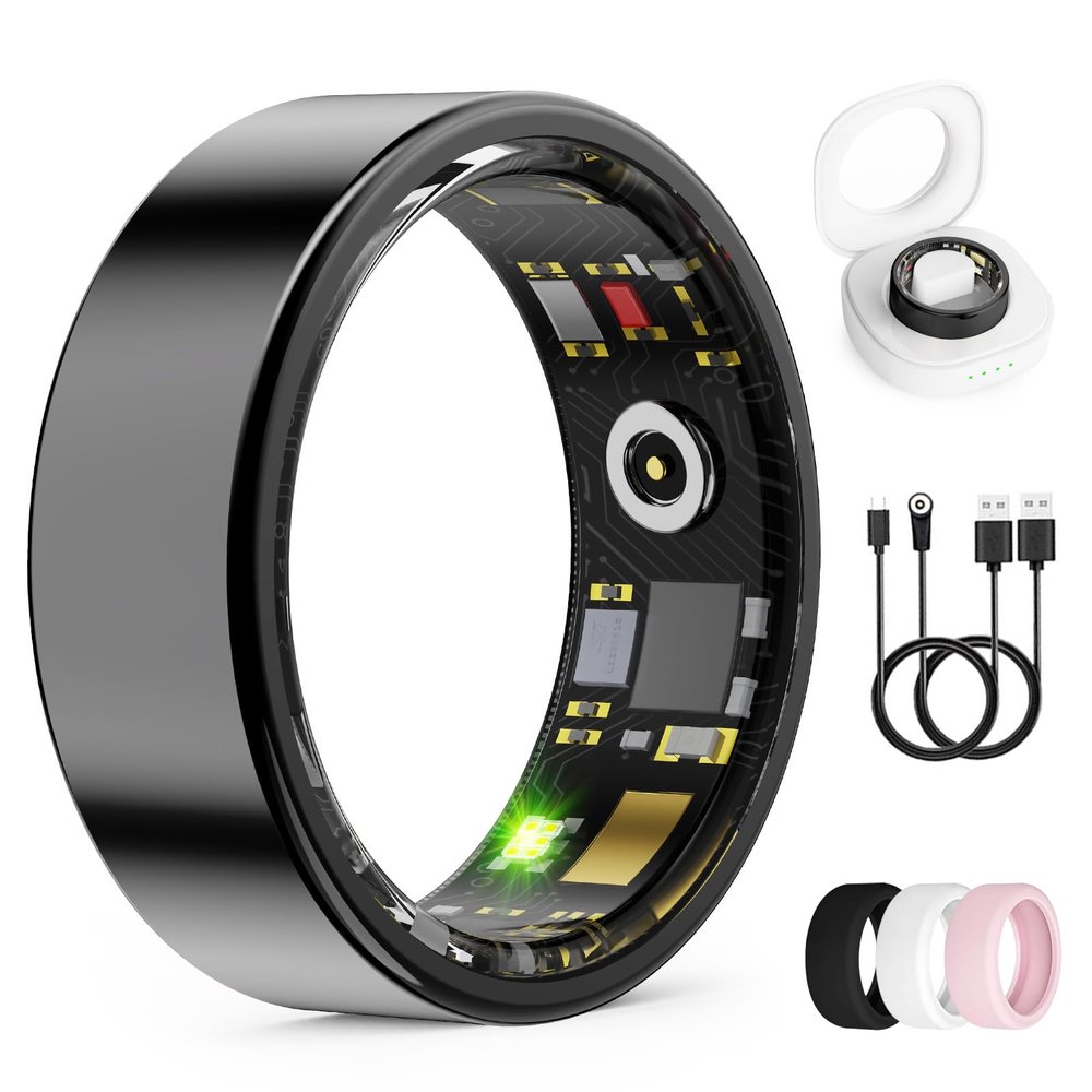UniJethro Smart Ring for Women & Men, Health Tracker Ring with Heart Rate, Blood Oxygen,Blood Pressure, IP68 Waterproof Fitness Ring, Sleep Tracker for iPhone and Android, No APP Fee (Black, 7#)