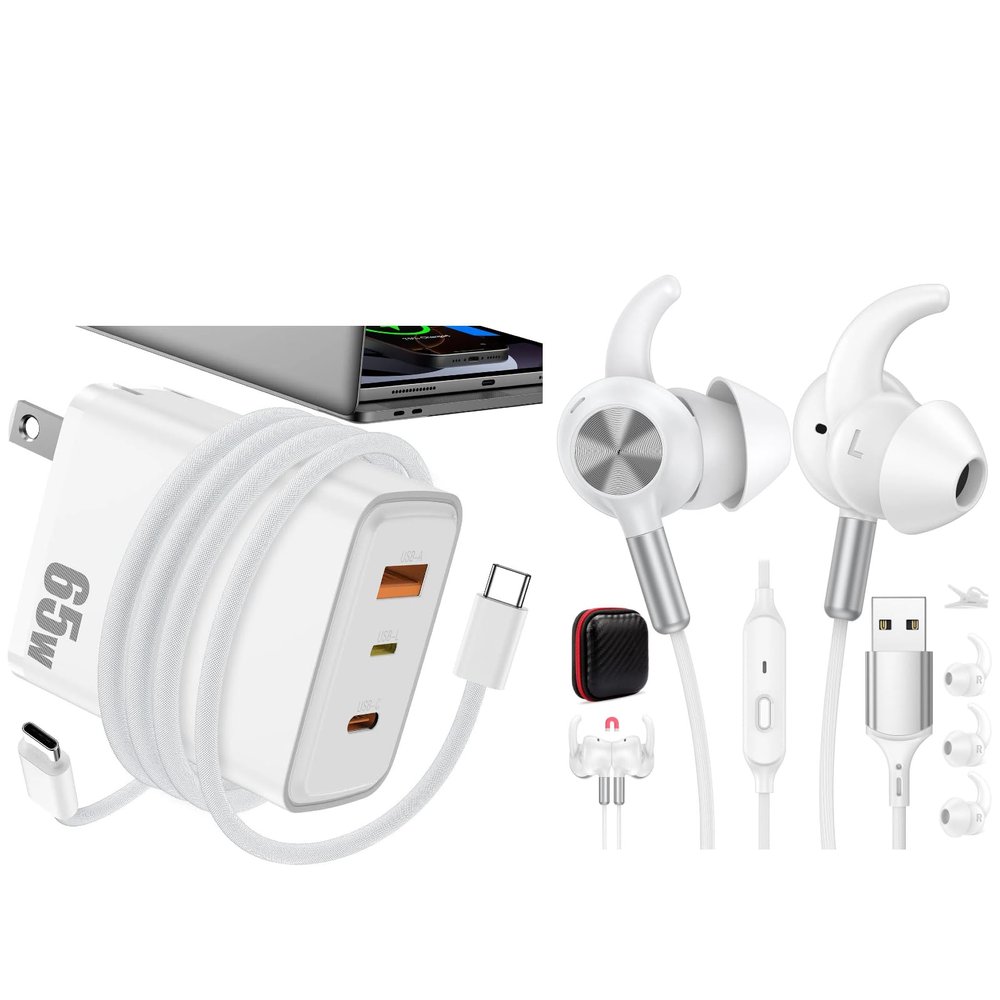 USB C Charger 65W 3-Port USB Headphone Mute-able Mic