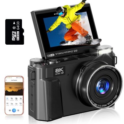 8K Digital Camera for Photography - 88MP Autofocus Vlogging Camera for YouTube with 64GB SD Card, WiFi, 18X Zoom 3" 180 Flip Screen Compact Travel Camera with 2 Batteries for Teens and Beginner