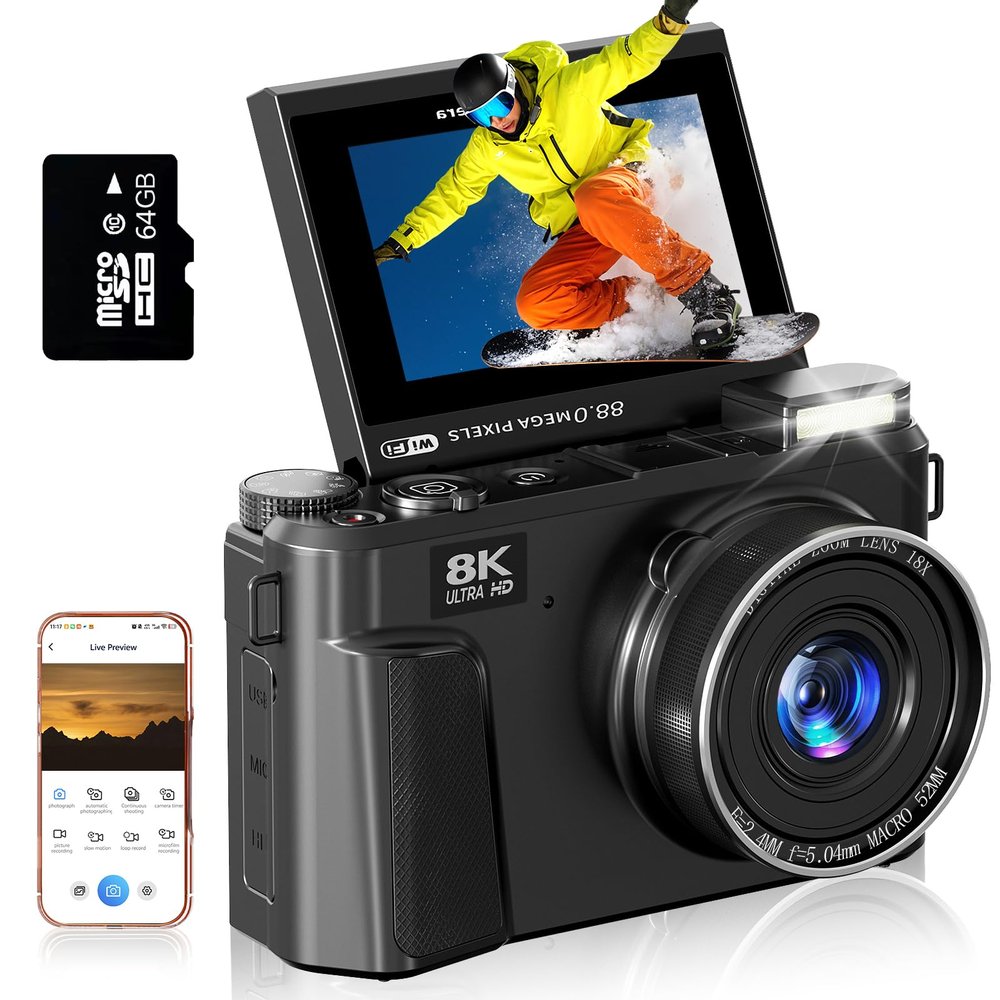 8K Digital Camera for Photography - 88MP Autofocus Vlogging Camera for YouTube with 64GB SD Card, WiFi, 18X Zoom 3" 180 Flip Screen Compact Travel Camera with 2 Batteries for Teens and Beginner