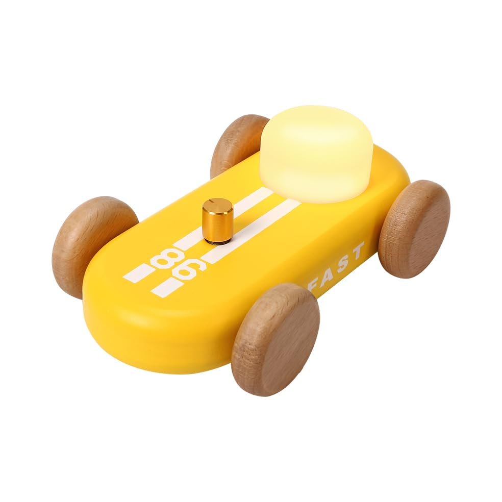 HBCIDC Wooden Go-Kart Night Light 7 Color Adjustable, USB Rechargeable (Yellow)