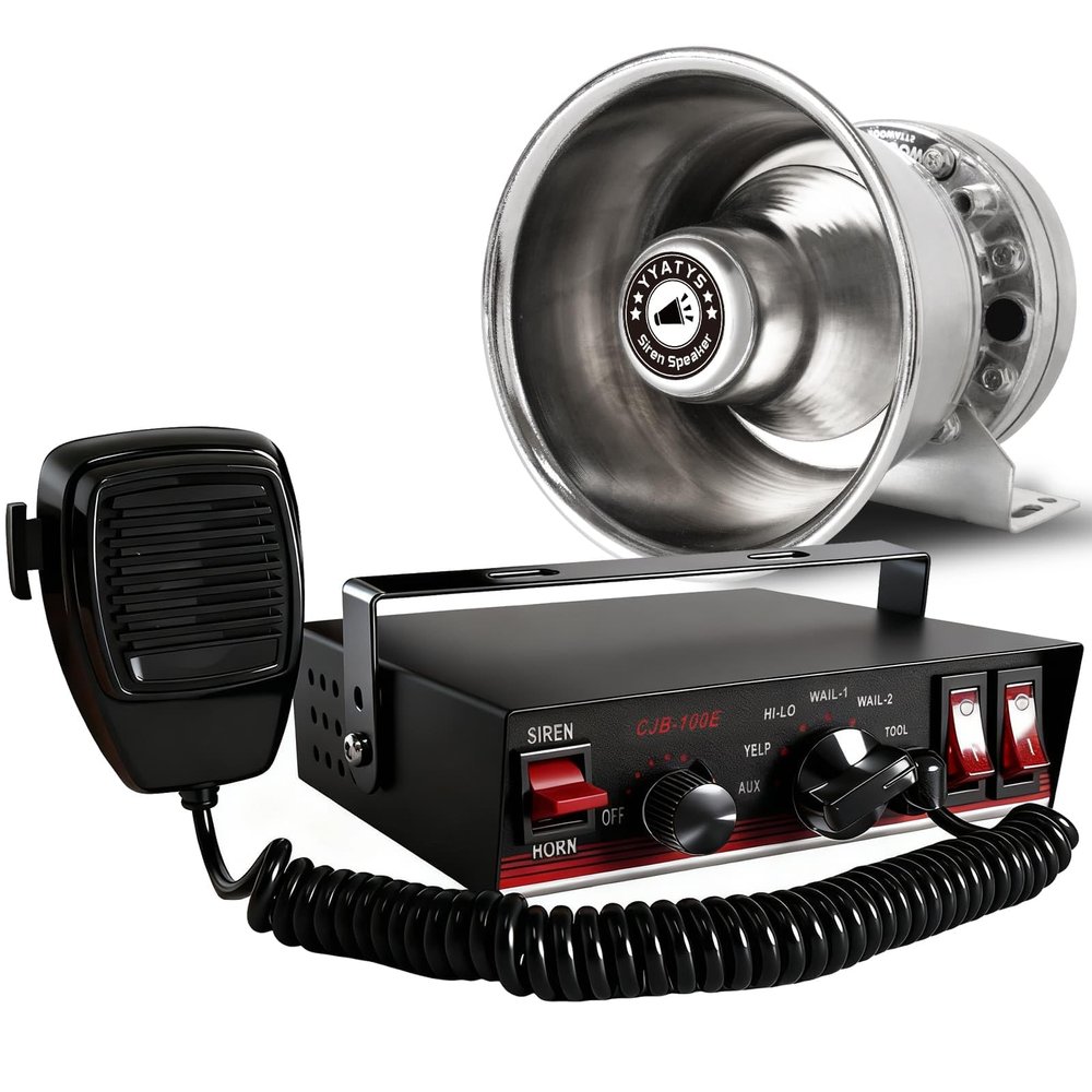 8Tones 200W Emergency Siren with PA - IP67 Waterproof Police/Fire Truck Siren, Yelp/Wail/Hi-Lo Modes, Includes Mic & Speaker for Vehicle PA System | 12 Volt Siren | Car Alarm Siren